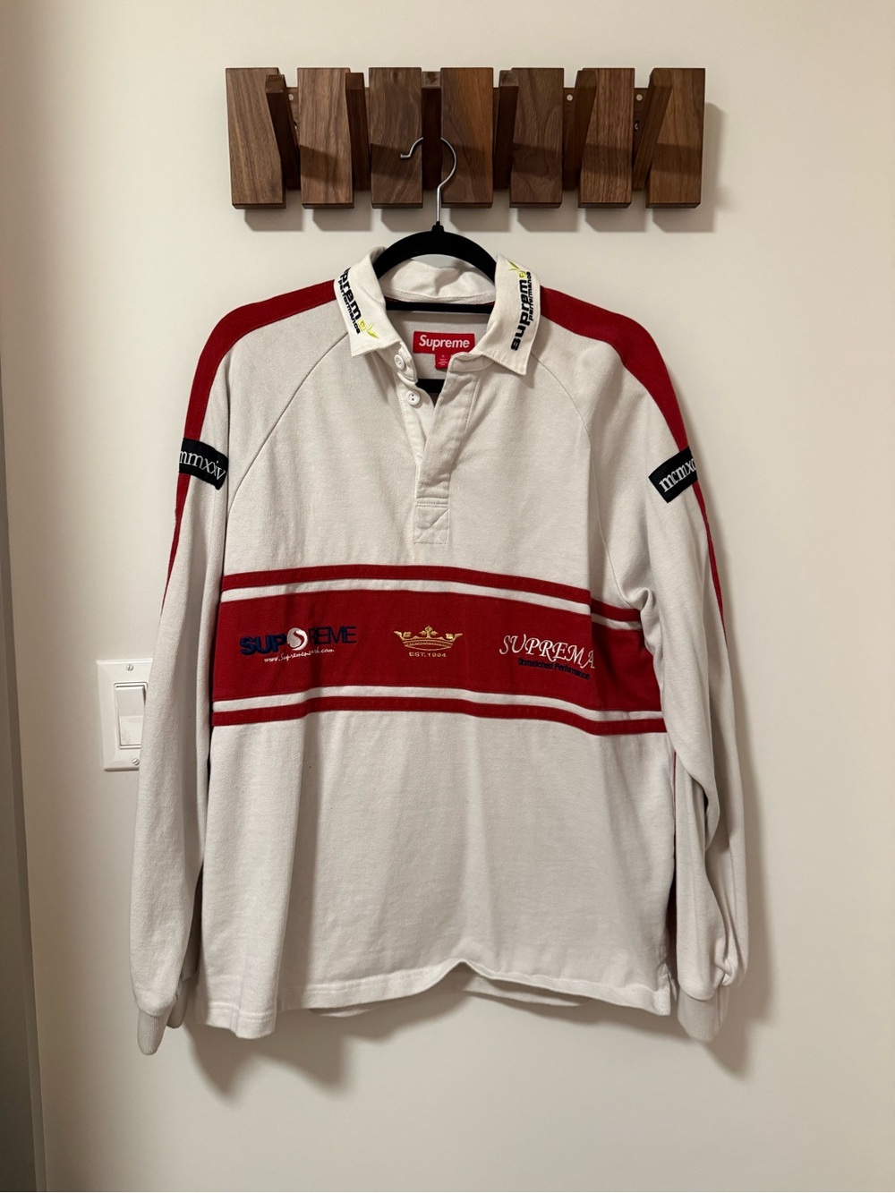Supreme White and Red Striped Rugby Polo